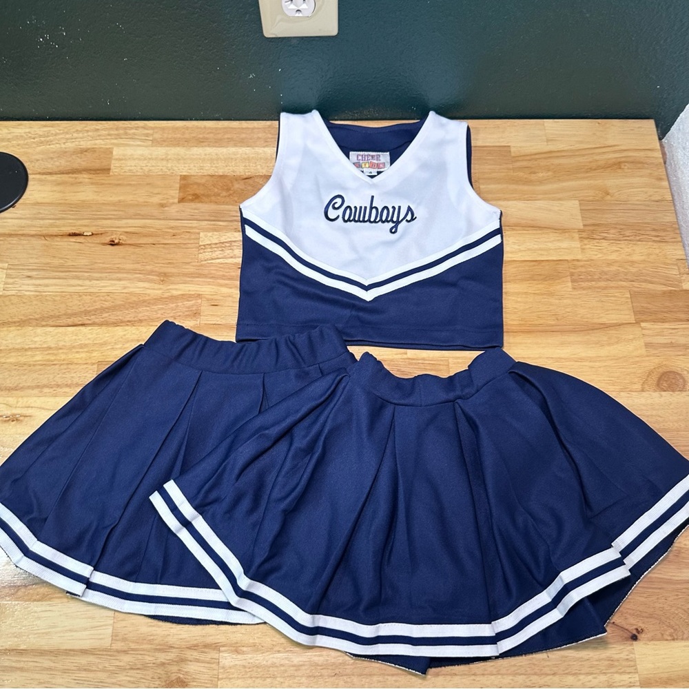 Cowboy Cheerleading Girls Sz 4/ 2 Navy White Trim Hem Pleated Skirts and 1 Top